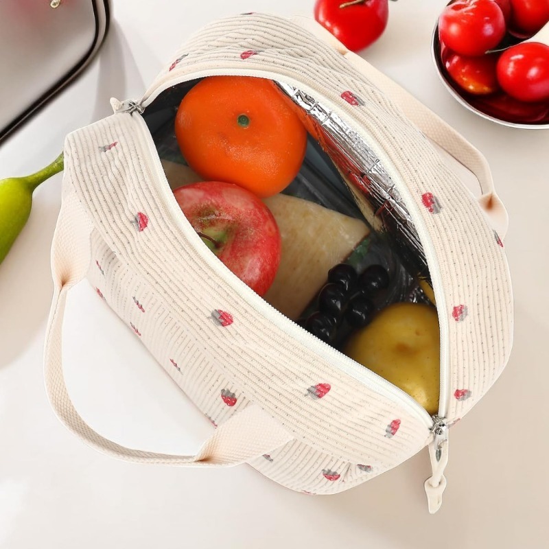 여성용 귀여운 코듀로이 도시락 가방, 딸기 프린트가 있 - Meal Prep Fit 리뷰 및 가격